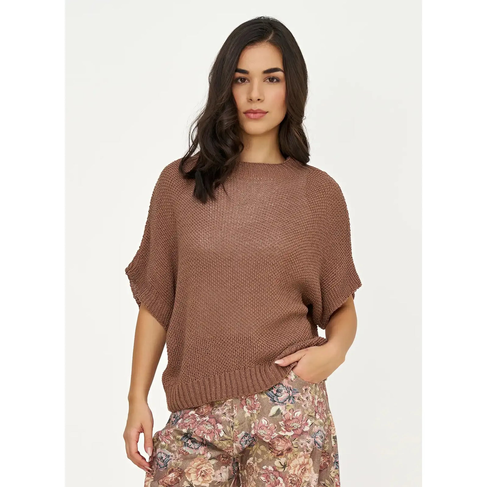 M Made in Italy mock-neck SS pullover sweater in pecan, 100% acrylic knit worn by model.