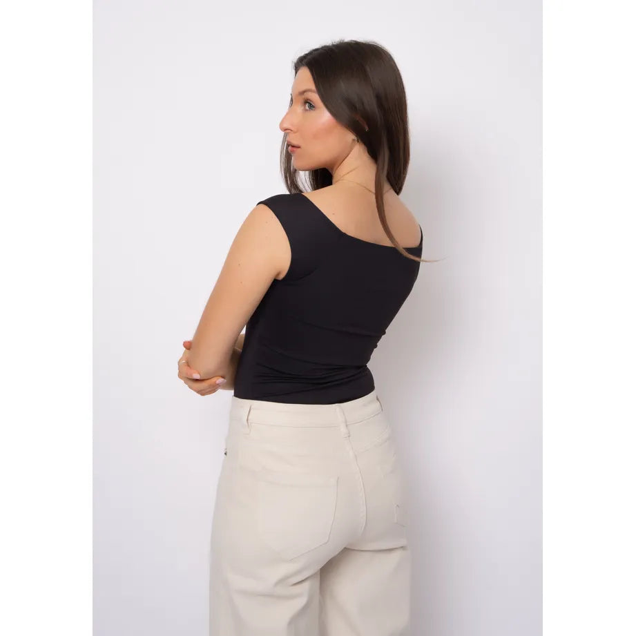 Bovia 23 Off Shoulder Top in black; versatile sleeveless second-skin fabric with off-shoulder neckline on a model.
