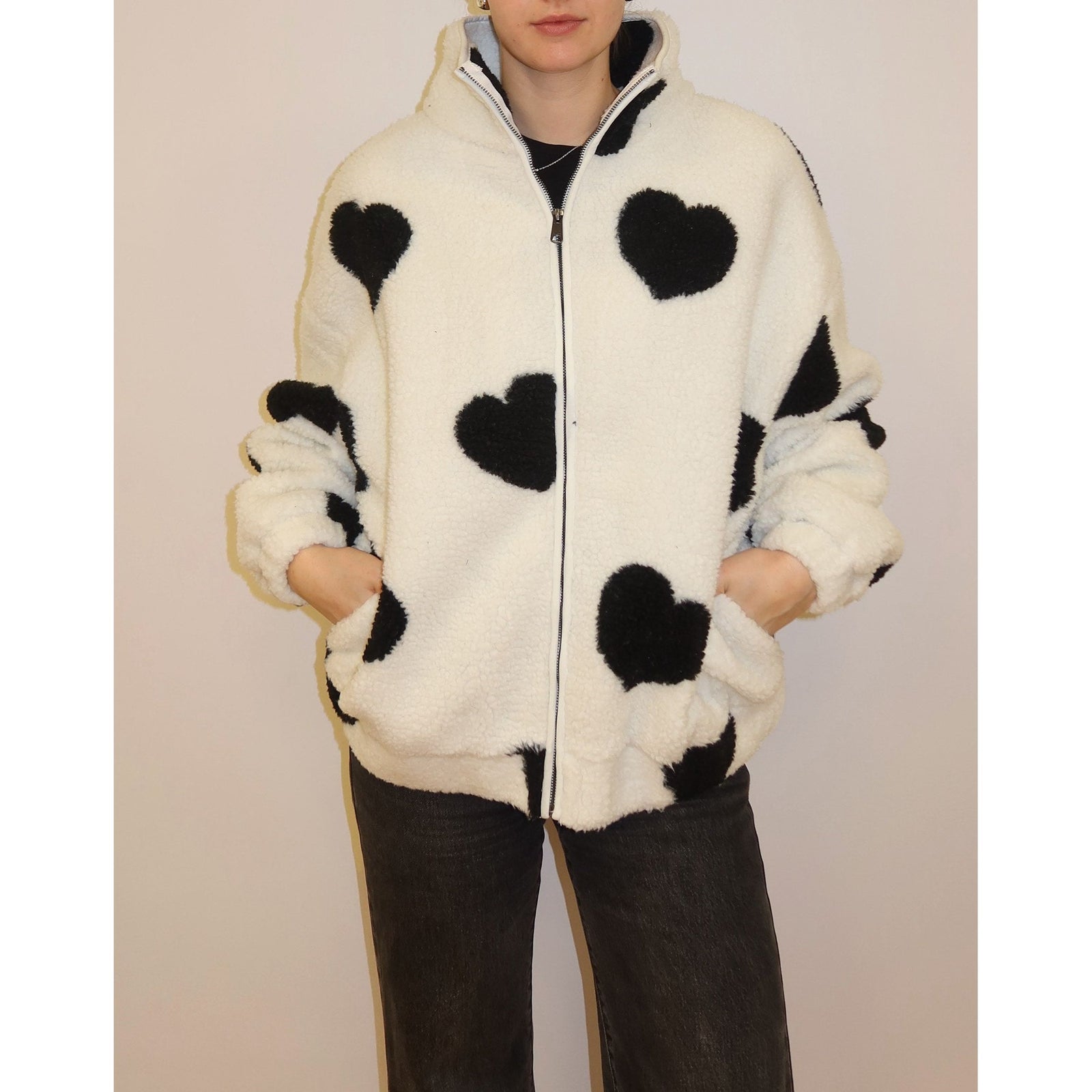 Brunette the Label All Over Heart Oversized Sherpa Jacket