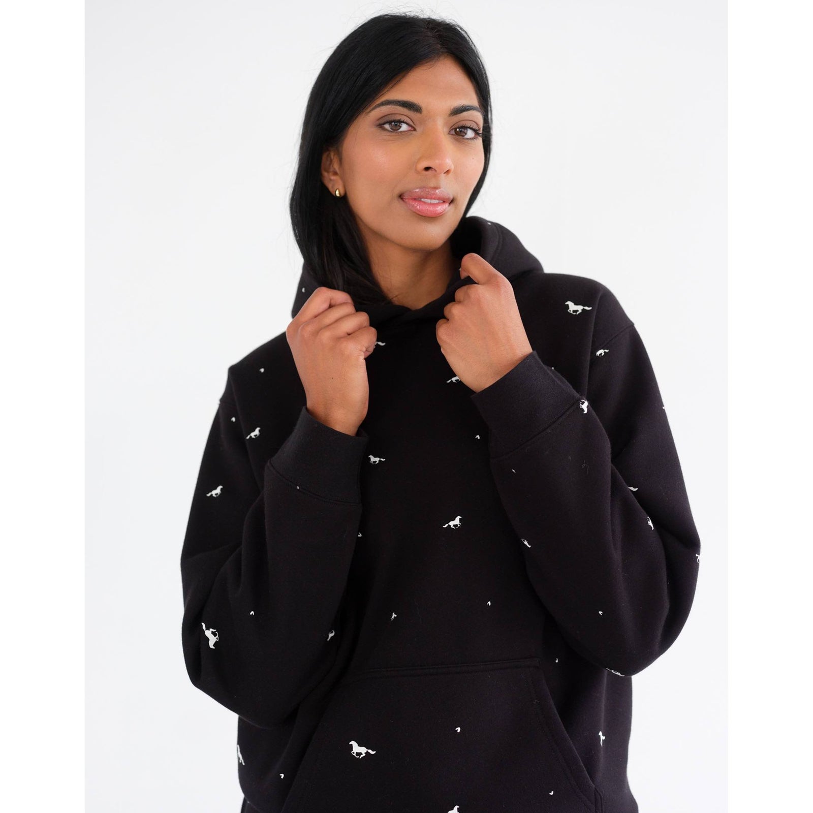 Brunette the Label All Over Horse Hoodie in black with small white horse prints, relaxed-fit.