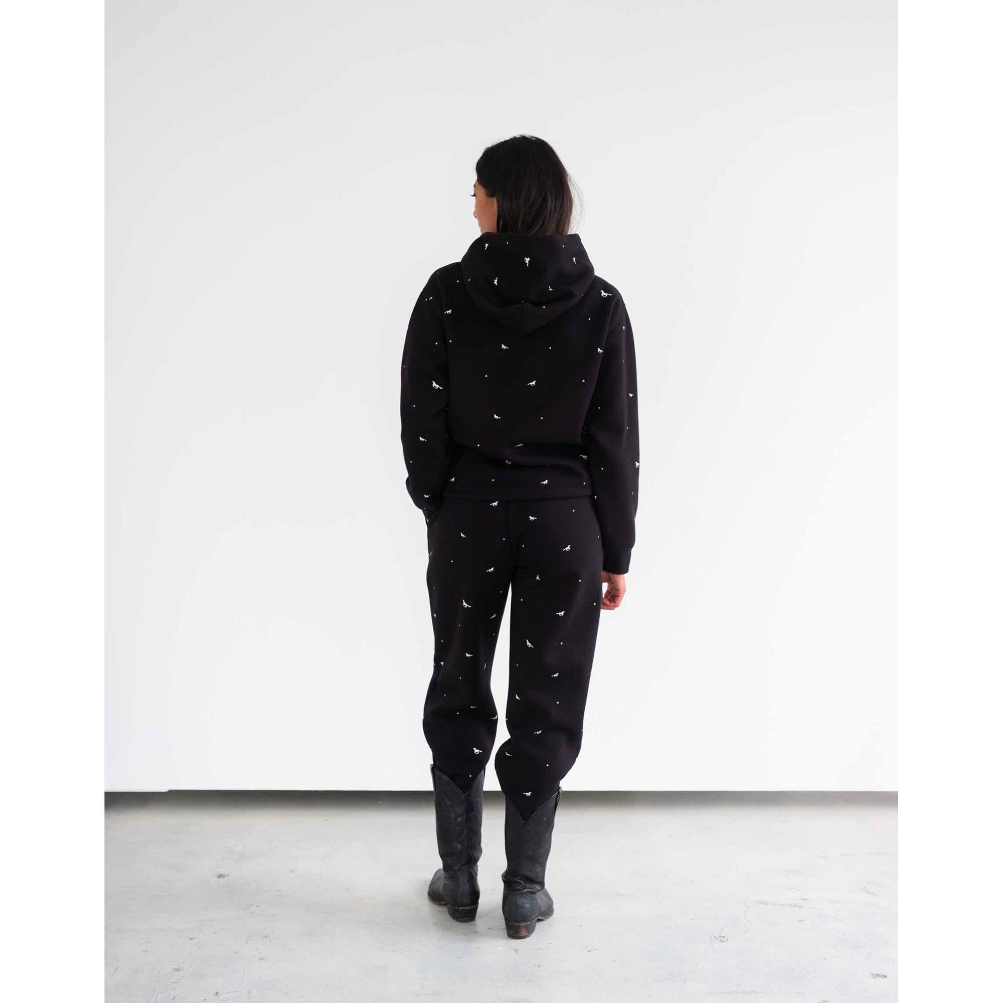 Brunette the Label All Over Horse Hoodie in black with white horse print, back view.