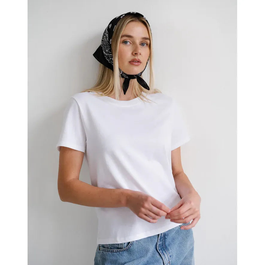 Brunette the Label Western Bandana worn as a black headscarf on a model in a white tee and jeans.