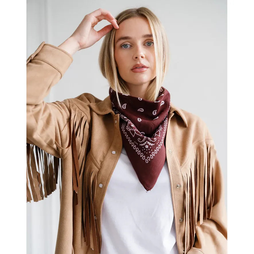 Brunette the Label Western Bandana in burgundy, 100% cotton, worn around the neck with a fringe jacket.