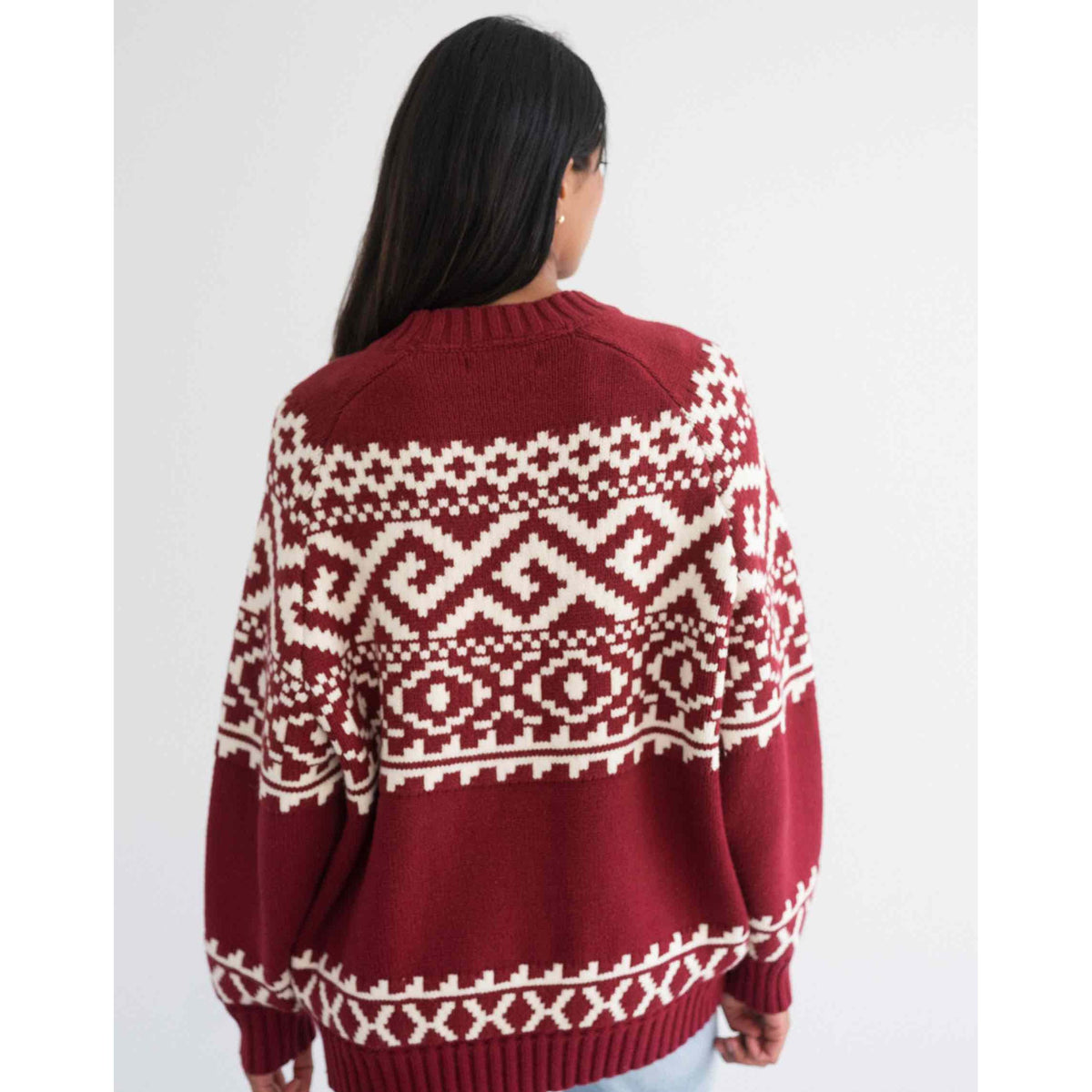 Brunette the Label Fair Isle sweater in red with white Nordic pattern, oversized knit, back view.