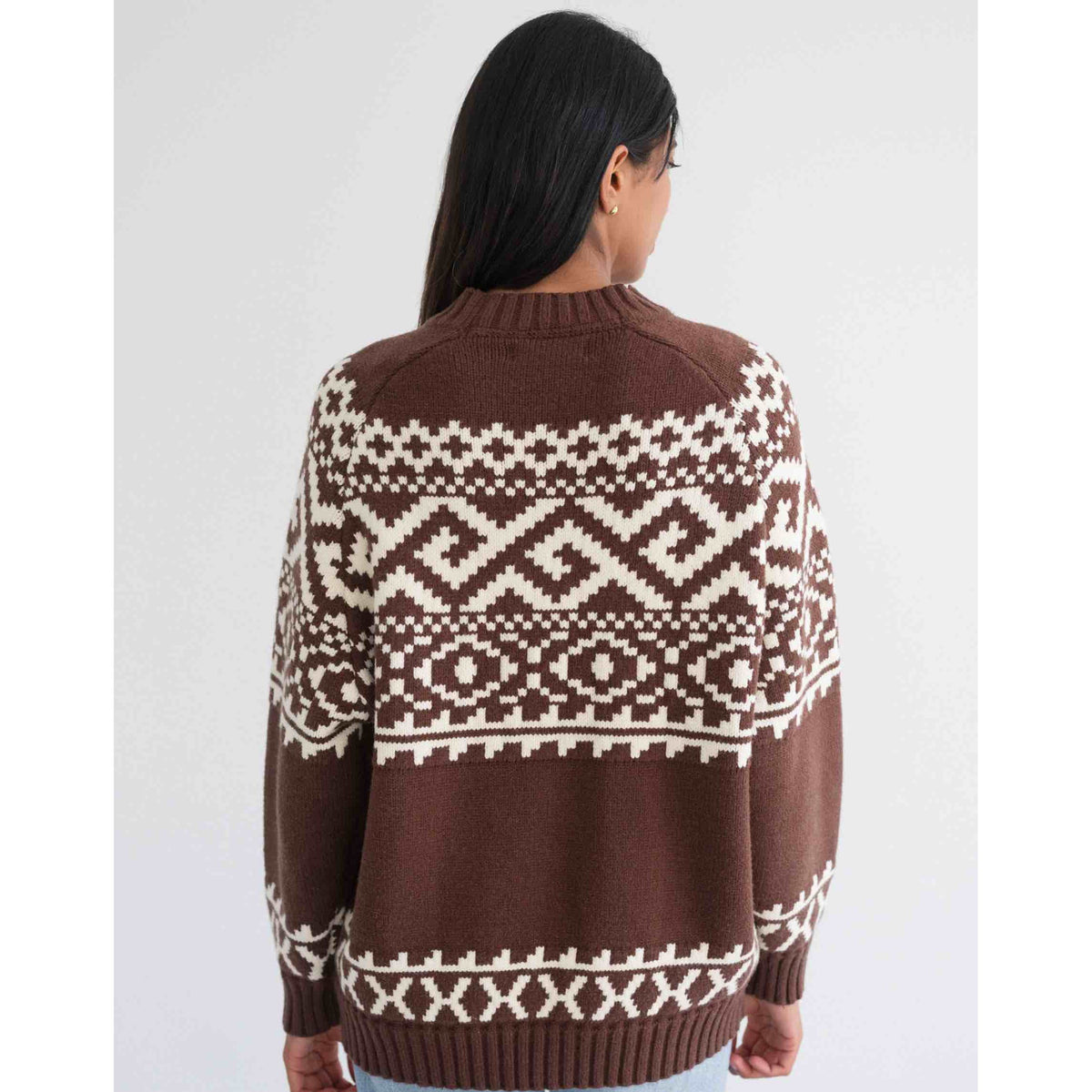 Brunette the Label Fair Isle Sweater: brown knit with white Fair Isle pattern, back view, oversized fit.