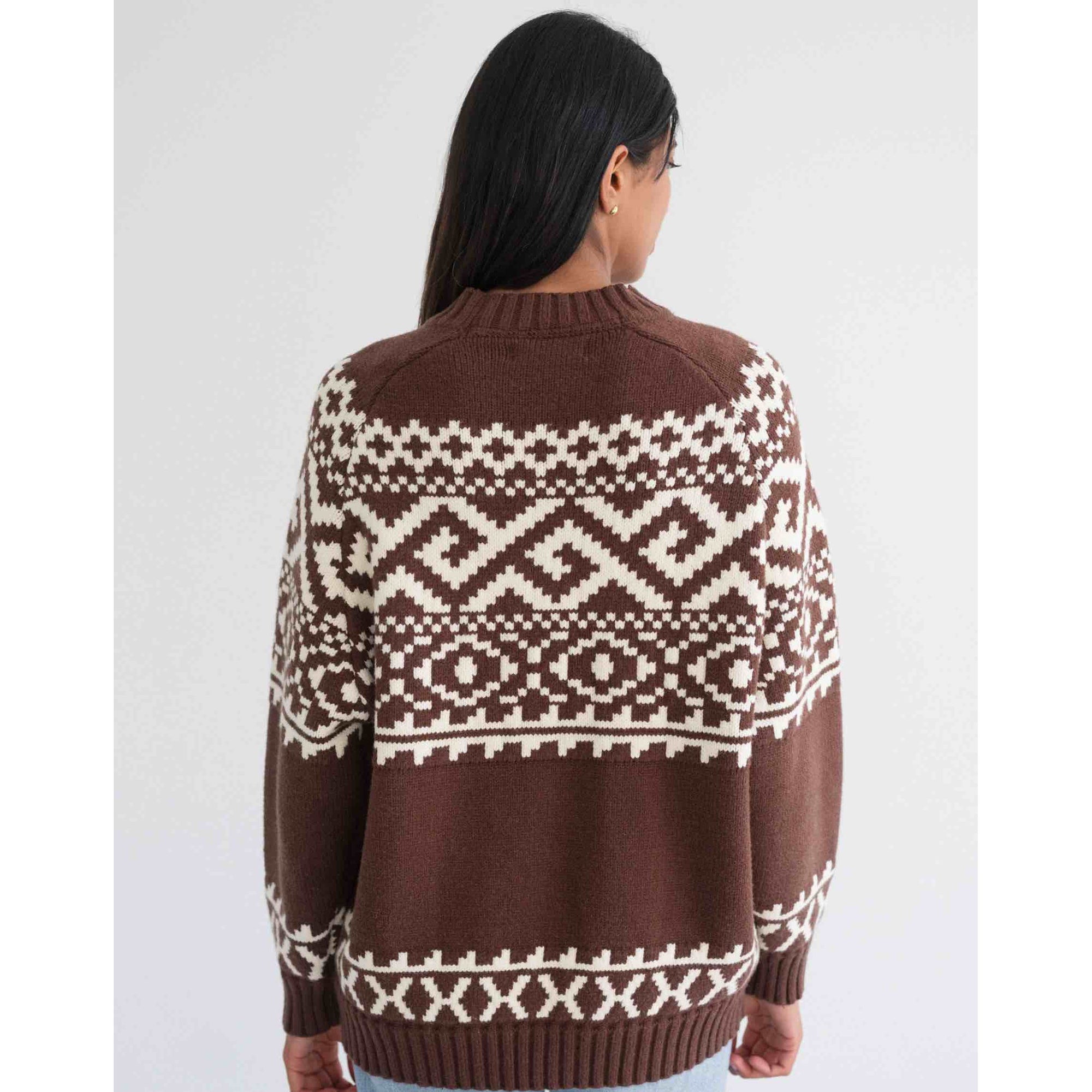 Brunette the Label Fair Isle Sweater: brown knit with white Fair Isle pattern, back view, oversized fit.