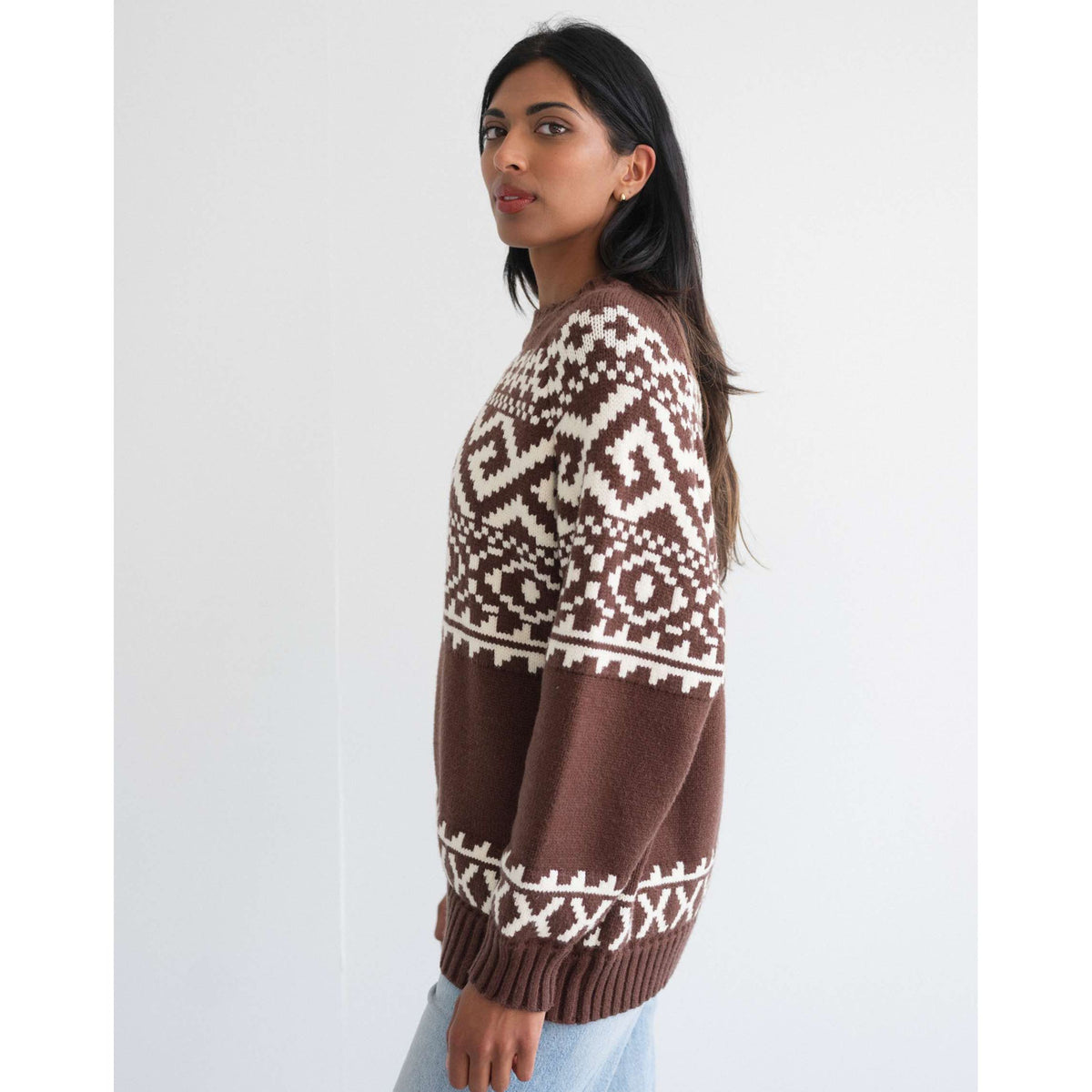 Brunette the Label Fair Isle Sweater in brown and cream worn by a model, oversized knit.