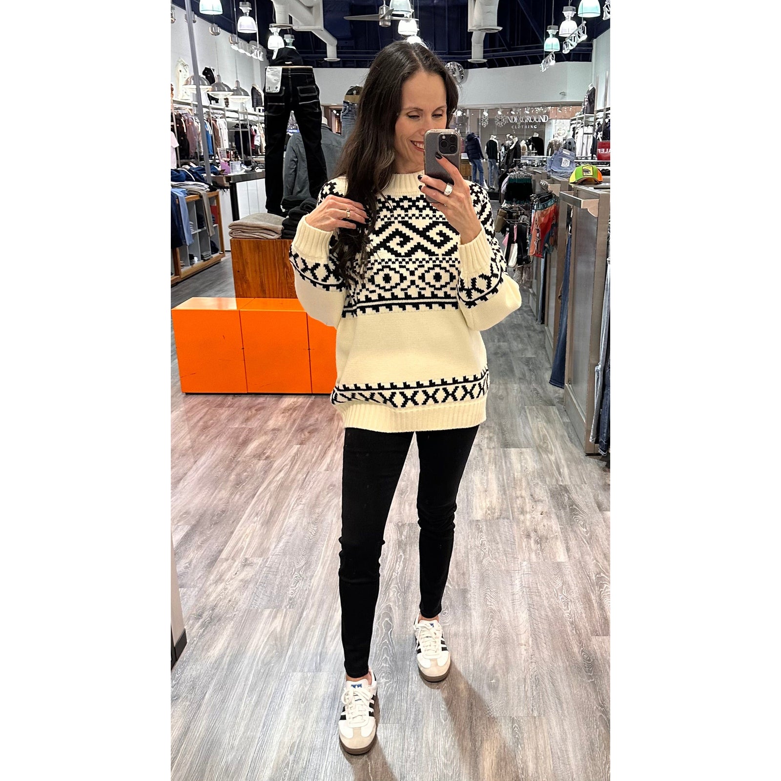 Brunette the Label Fair Isle Sweater in cream with black geometric pattern, oversized fit on model in store