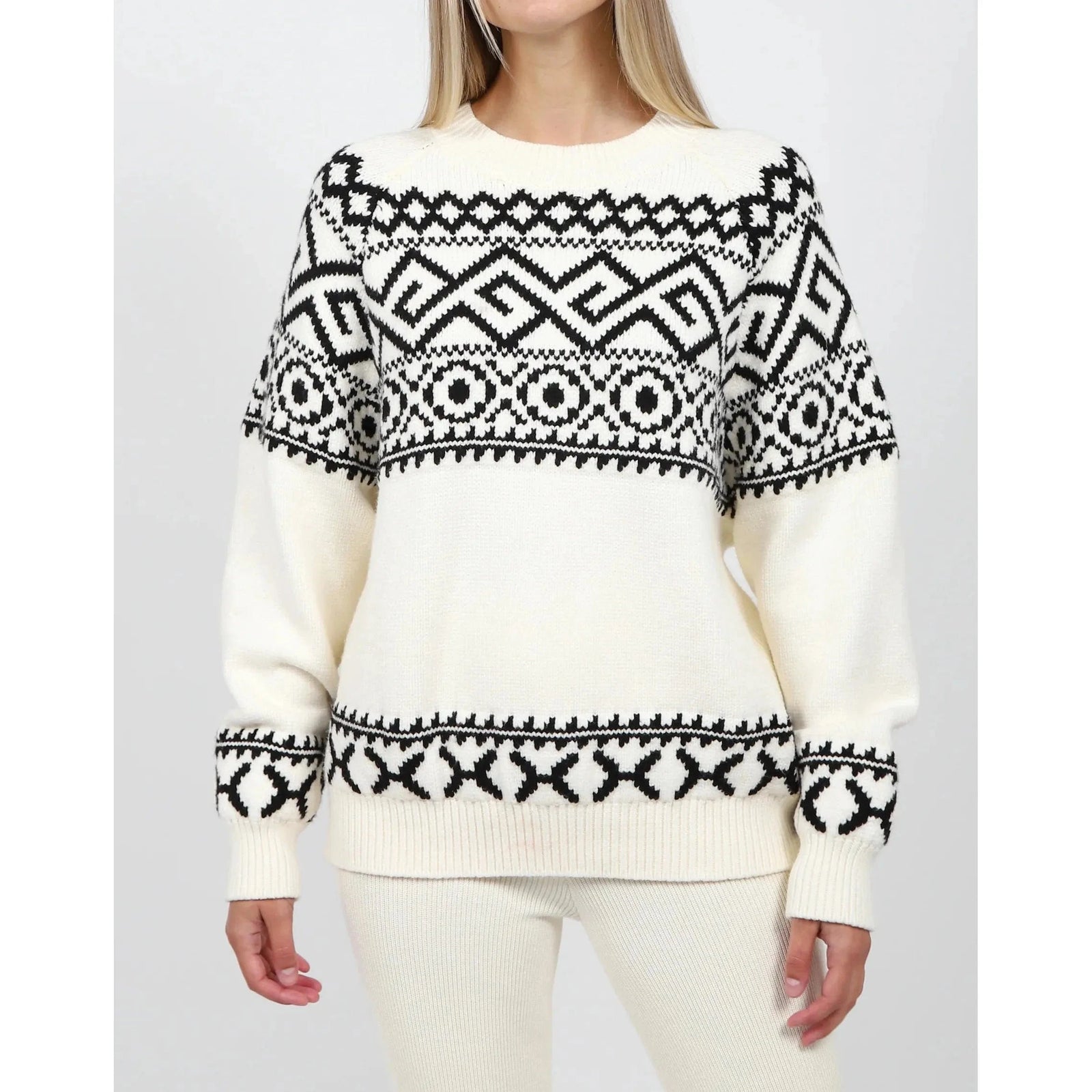 Brunette the Label Fair Isle Sweater in cream with black geometric knit pattern and oversized fit.