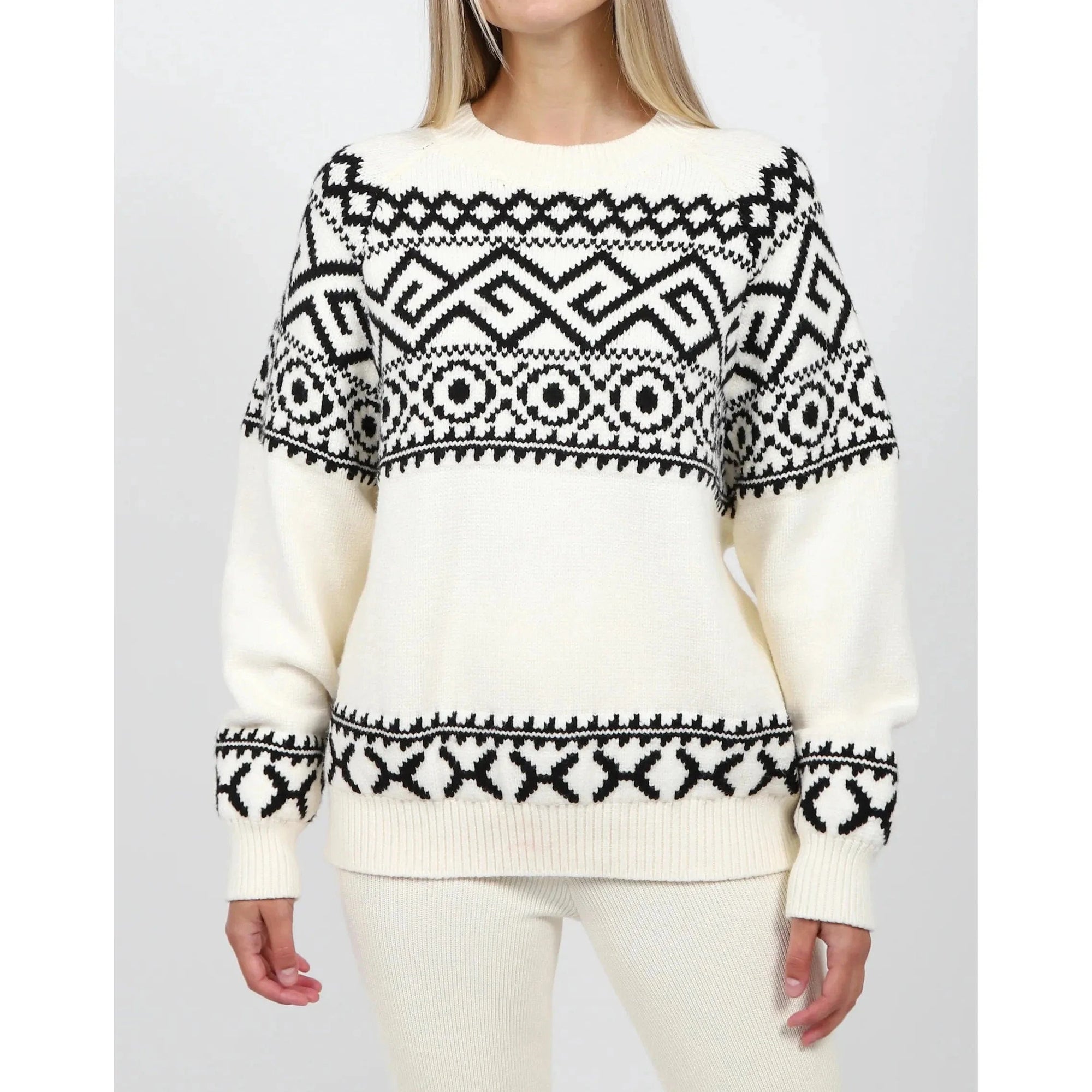 Brunette the Label Fair Isle Sweater in cream with black geometric knit pattern and oversized fit.