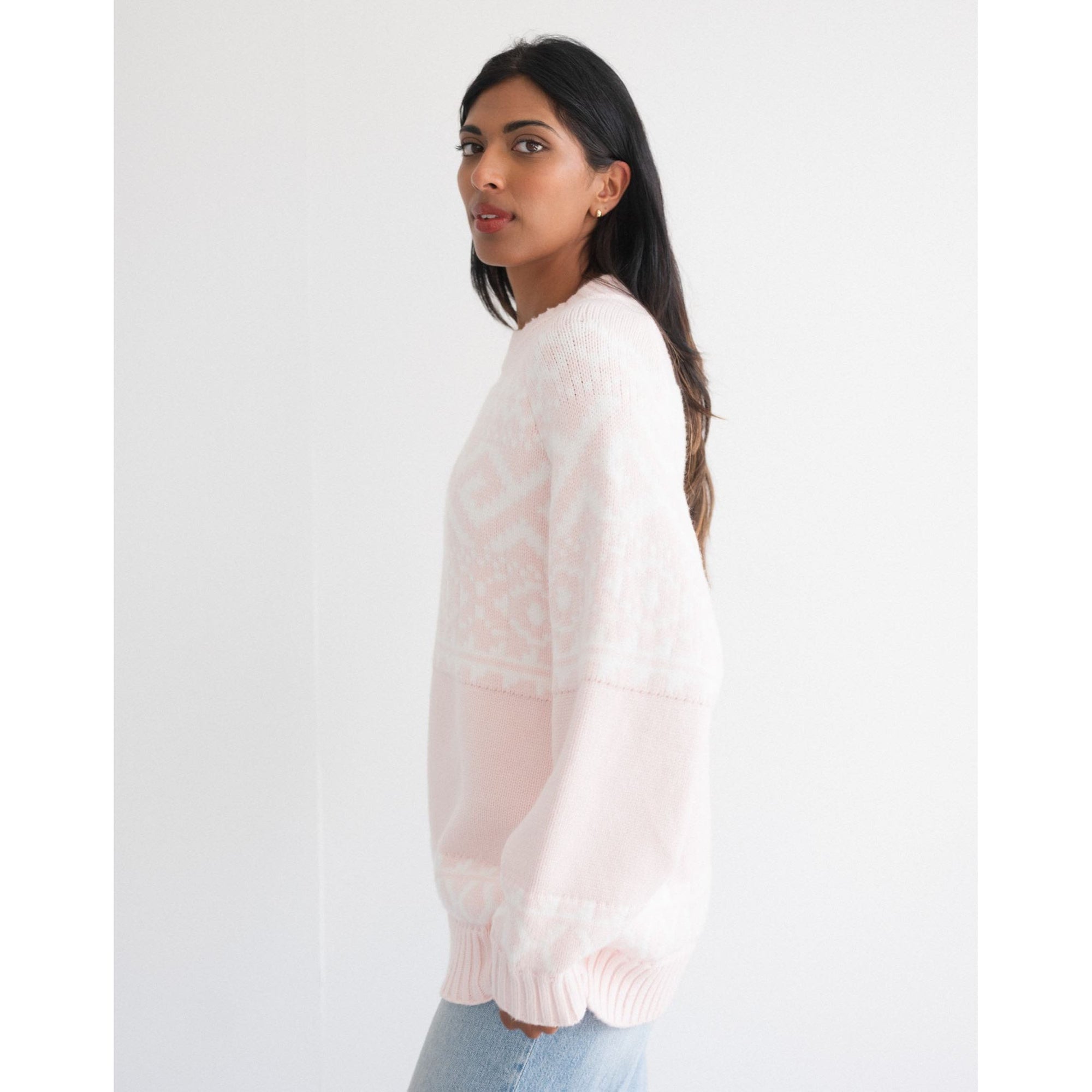 Brunette the Label Fair Isle Sweater in blush pink, oversized knit with drop shoulders.