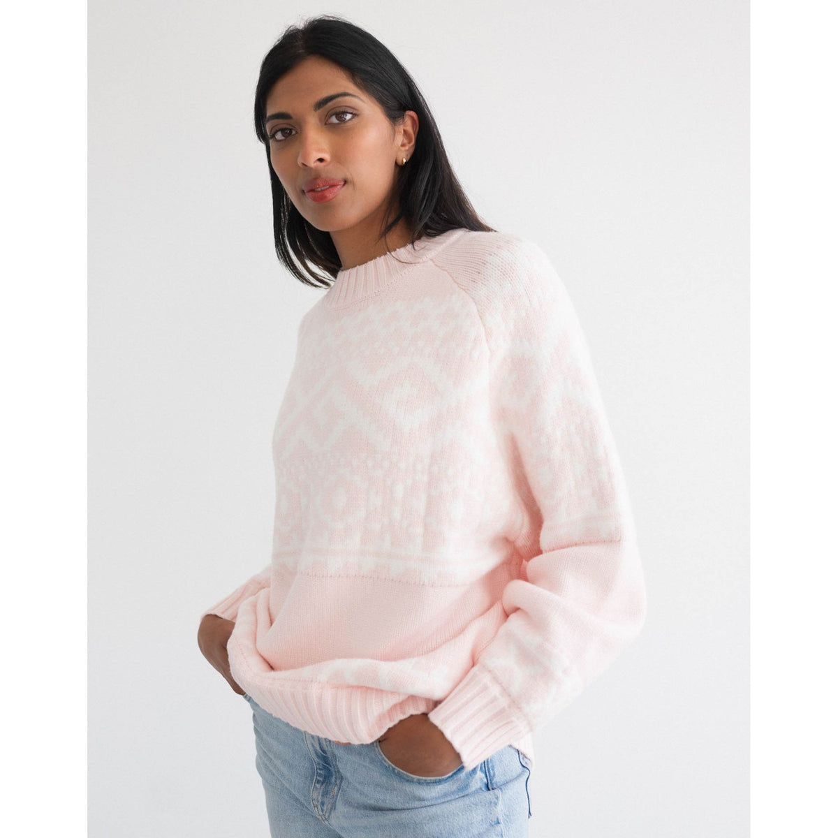 Brunette the Label Fair Isle Sweater in pale pink, oversized knit with drop shoulders.