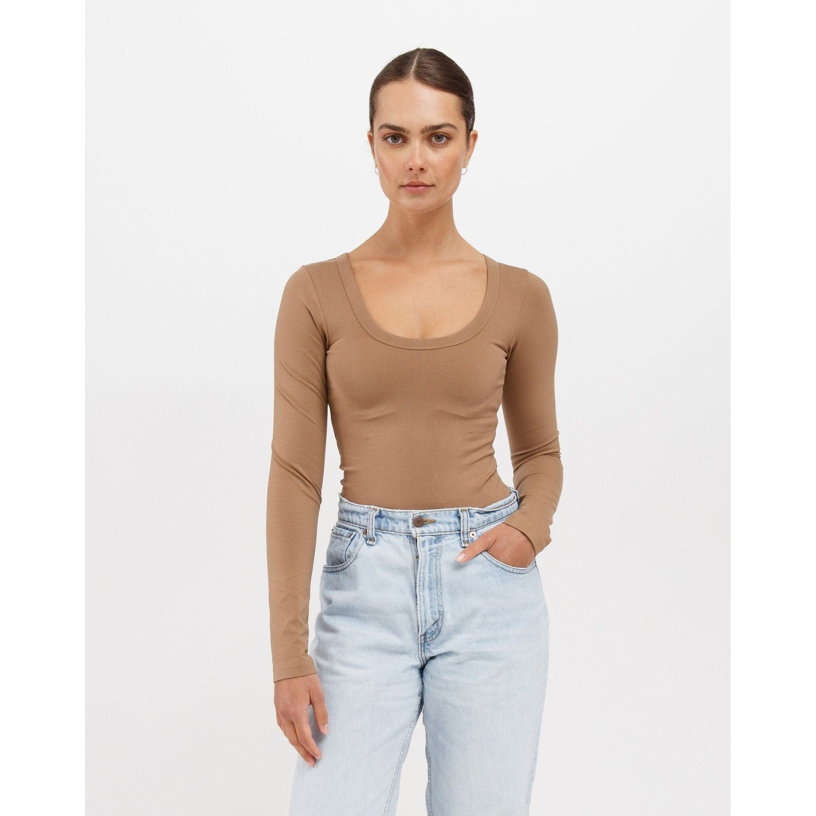 Brunette the Label Fawn / XS-S Brunette the Label Long Sleeve Scoop Neck Top