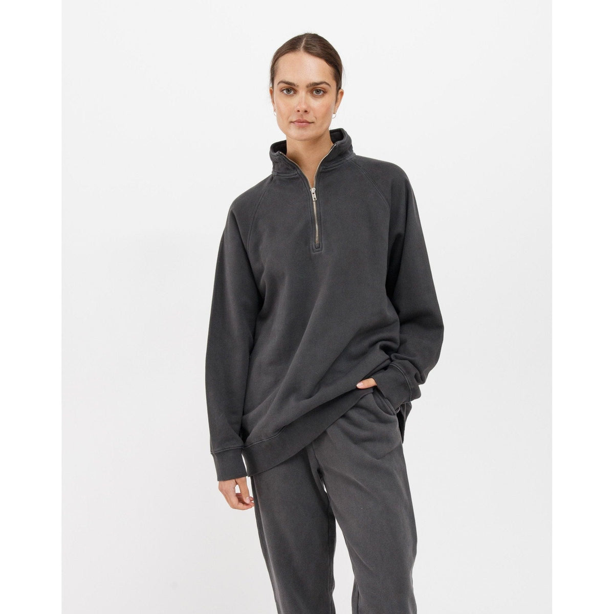 Brunette the Label Not Your Boyfriend's 1/2 Zip in charcoal grey worn by model in a relaxed fit pullover.