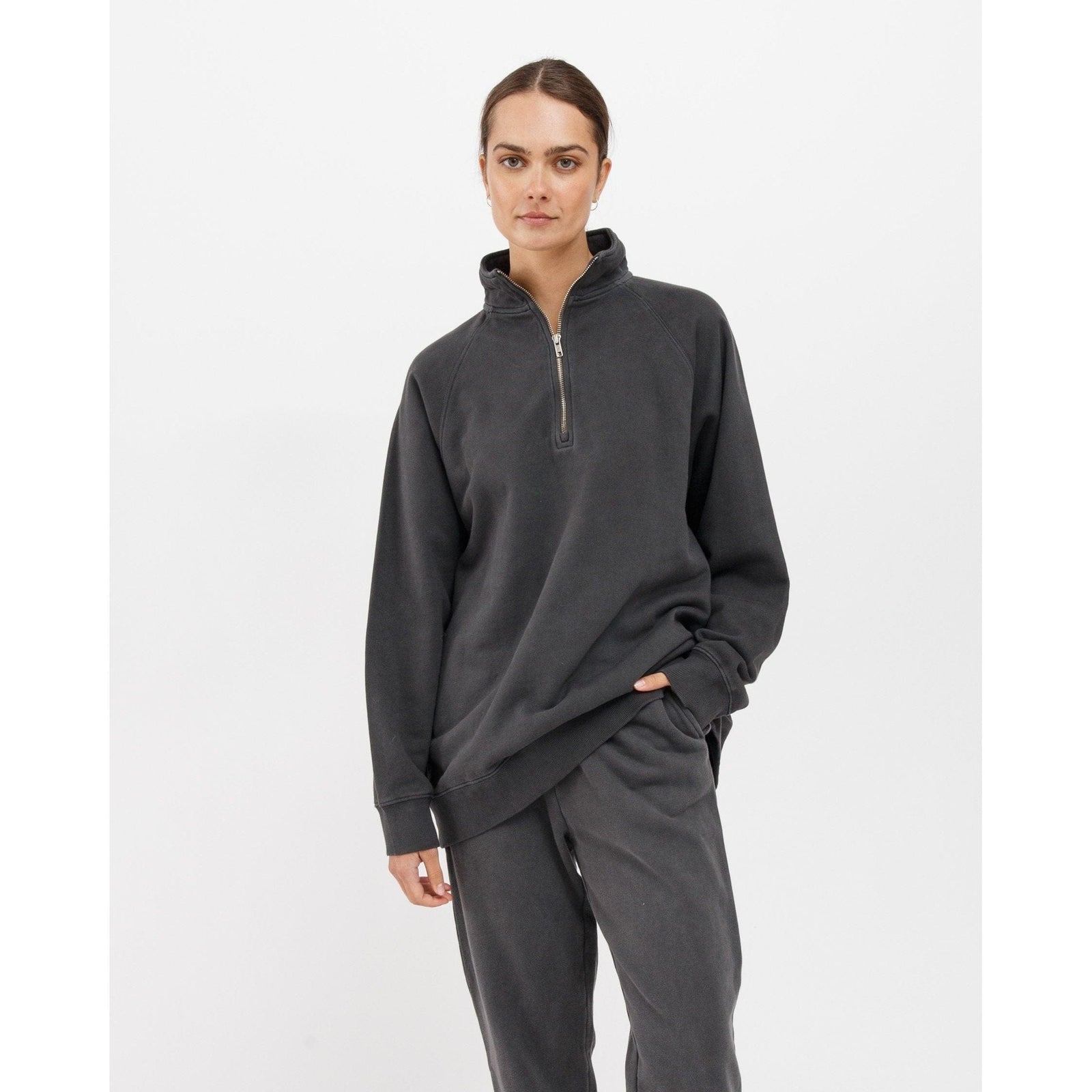Brunette the Label Not Your Boyfriend's 1/2 Zip in charcoal grey worn by model in a relaxed fit pullover.