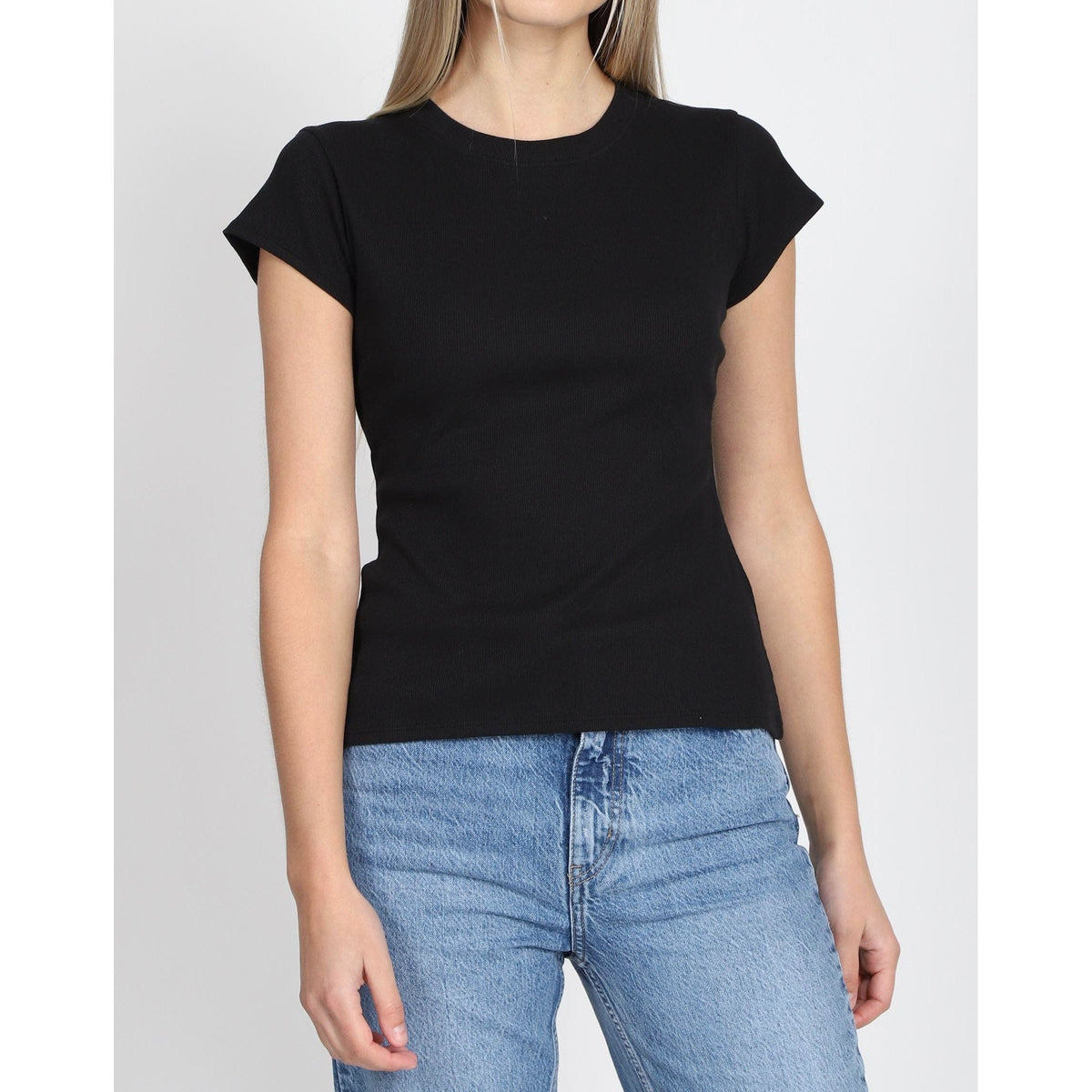Brunette the Label Black / XS-S Brunette the Label Rib Fitted Tee with Cap Sleeves
