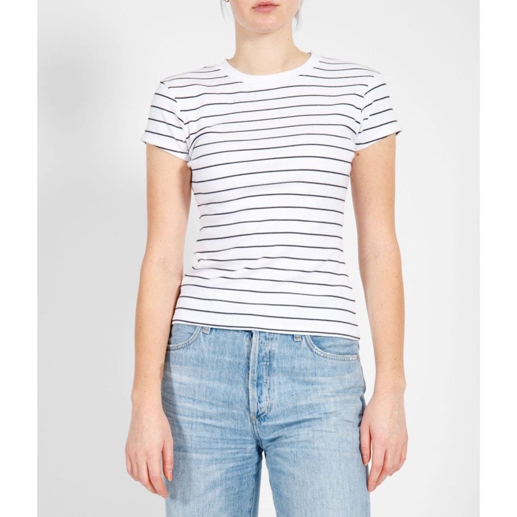 Brunette the Label White-Black Stripe / XS-S Brunette the Label Rib Fitted Tee with Cap Sleeves
