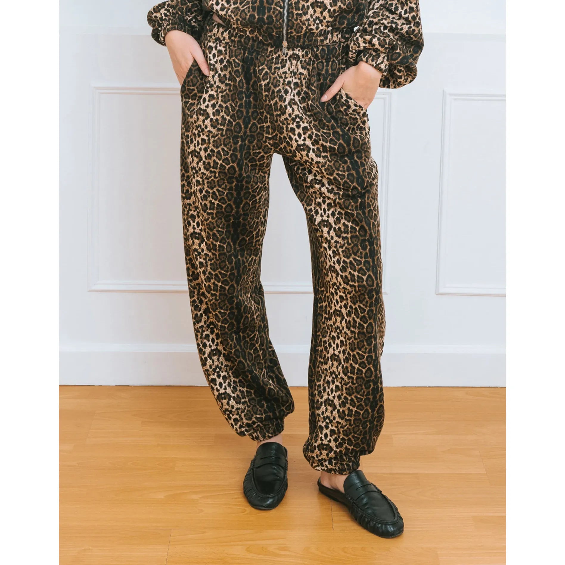 Brunette the Label Bubble Joggers in leopard print, oversized with cuffed ankles and pockets, styled with black loafers.