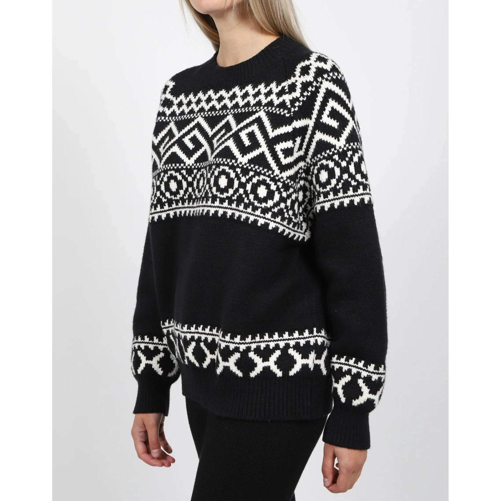 Brunette the Label Fair Isle Sweater in black with white geometric knit pattern, oversized fit, drop shoulders.