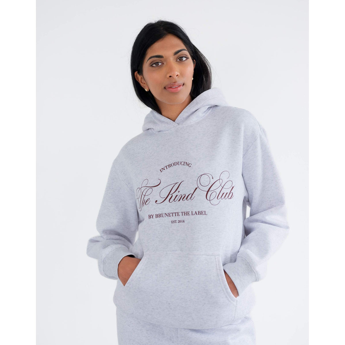 Brunette the Label Kind Club Core Hoodie in light gray with burgundy &#39;The Kind Club&#39; script on the front.