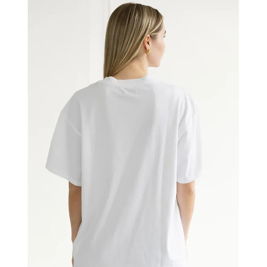 Brunette the Label Last Rodeo Boxy Tee in white, back view, oversized 100% cotton tee that hits below the hips.