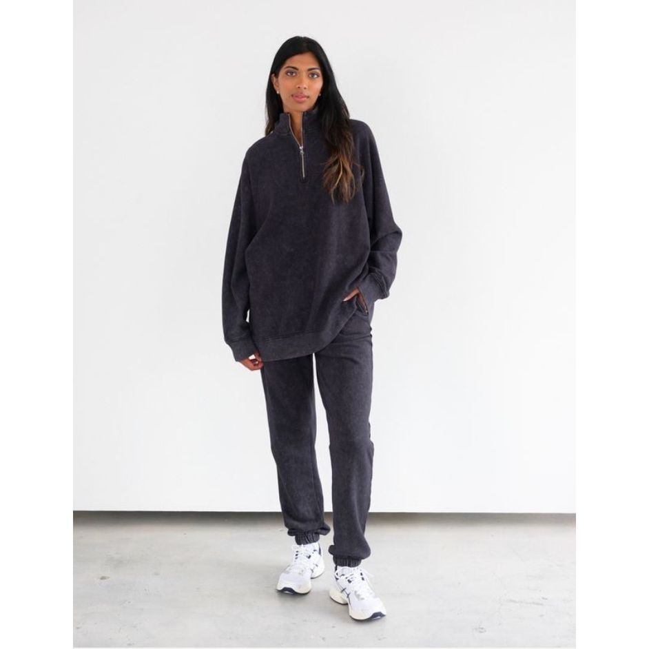 Brunette the Label Not Your Boyfriend's 1/2 Zip in washed black, relaxed-fit loungewear set.