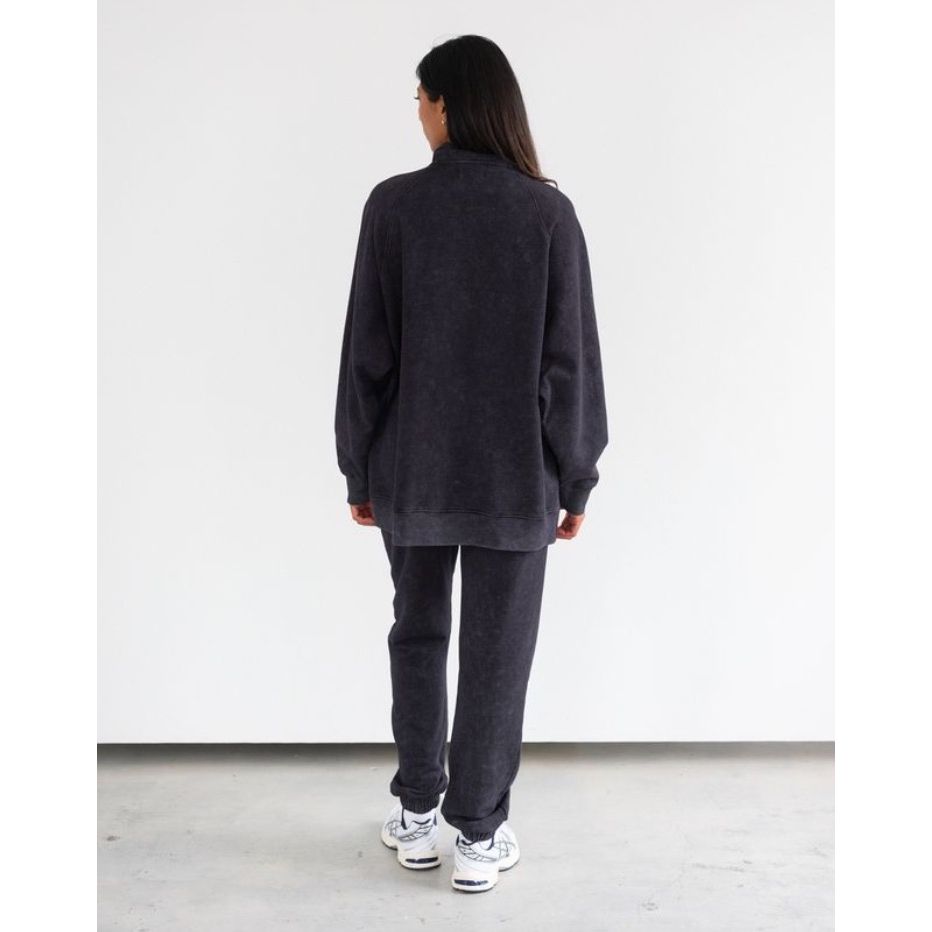 Brunette the Label Not Your Boyfriend's 1/2 Zip in washed-black lounge set, back view on model