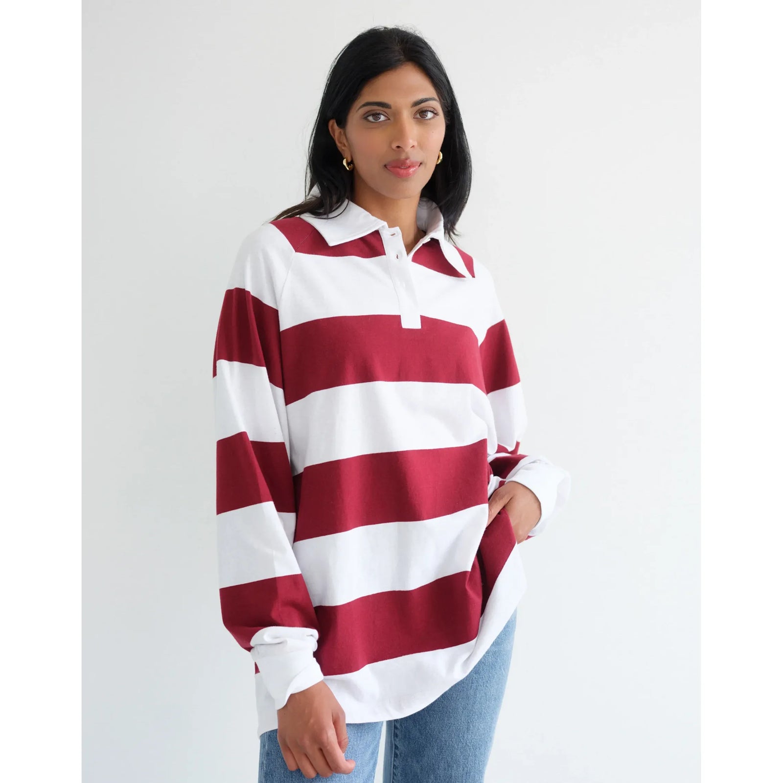 Brunette the Label Rugby Shirt burgundy and white stripes worn by model, oversized polo.