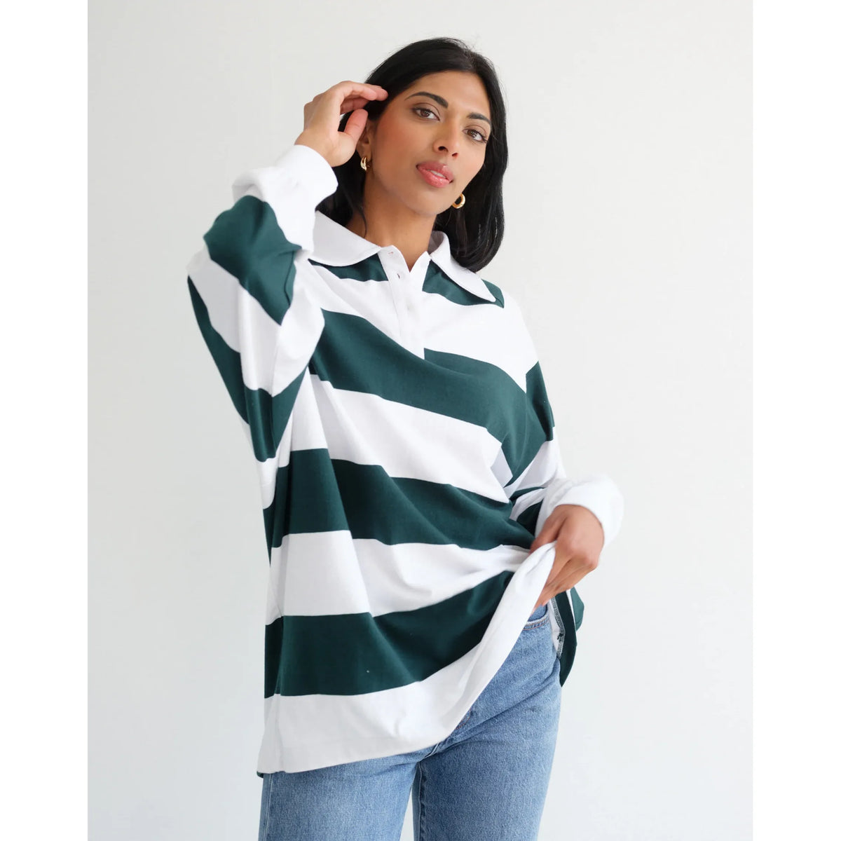 Brunette the Label Rugby Shirt on model - oversized white and green striped cotton polo.