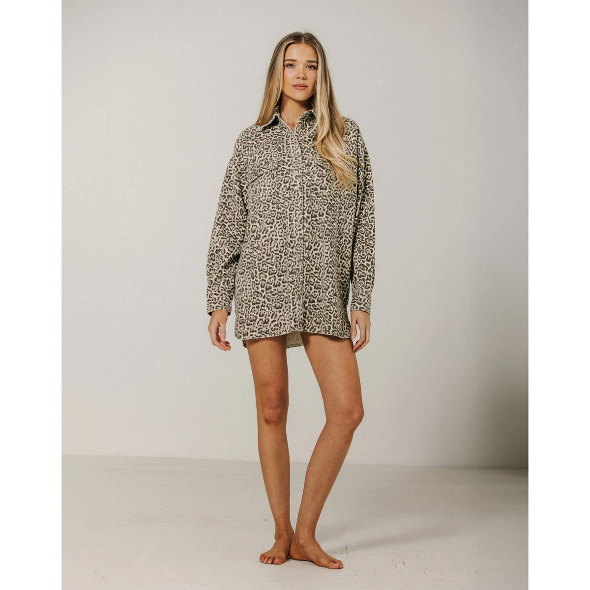 Brunette the Label Shania Denim Jacket in leopard print, oversized with dropped shoulders and front pockets.