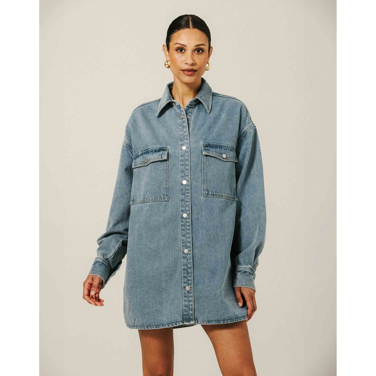 Brunette the Label Shania Denim Jacket on model, oversized blue denim with dropped shoulders and front chest pockets