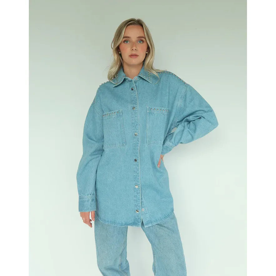 Brunette the Label Shania Studded Denim Jacket - oversized denim with silver studs on shoulders and chest pockets
