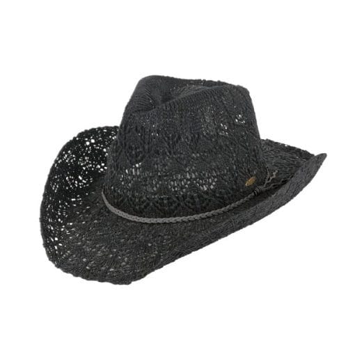 Black CC Beanie Lace Cowboy Hat with open-weave lace and braided band.