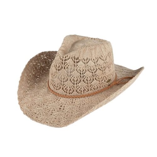 CC Beanie Lace Cowboy Hat in beige straw with crochet lace pattern and leather band