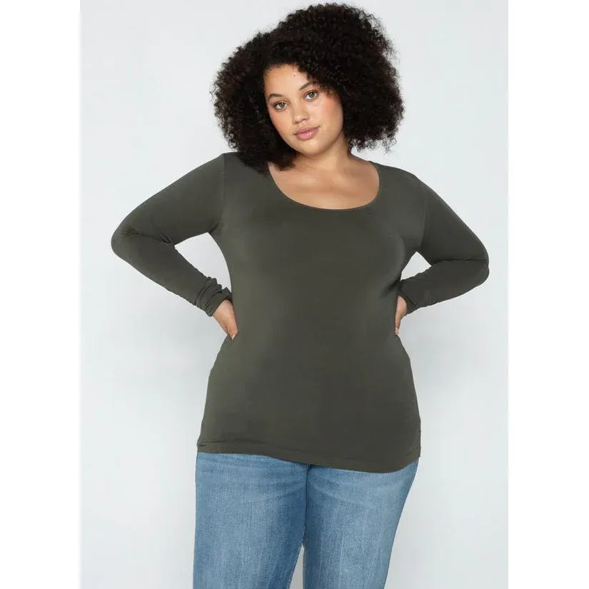 C'est Moi Bamboo Plus Size 3/4 Sleeve Top in black with mid-length sleeves and soft bamboo fabric.