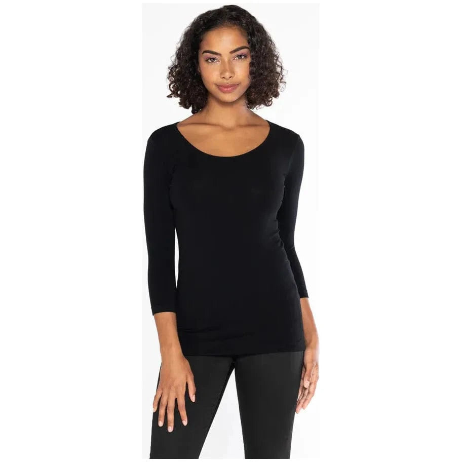 C&#39;est Moi bamboo 3/4 sleeve top in black on model.