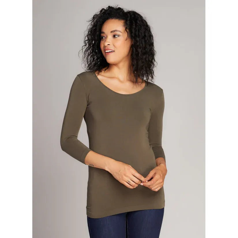 C'est Moi bamboo 3/4 sleeve top in black on model.