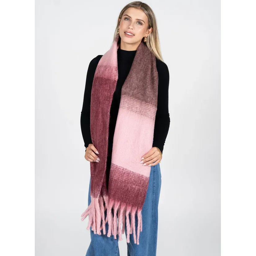 C'est Moi Checked Pattern Scarf in pink gradient, 100% polyester, fringed ends, worn by model.