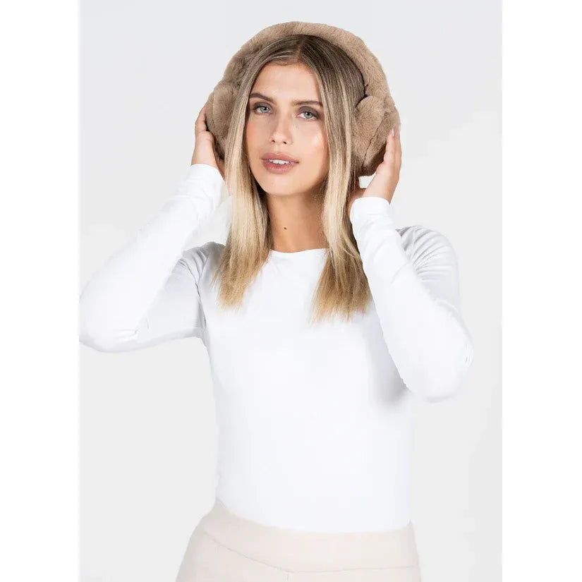 Model wearing C'est Moi Faux Fur Ear Muffs in white, paired with a white knit sweater.