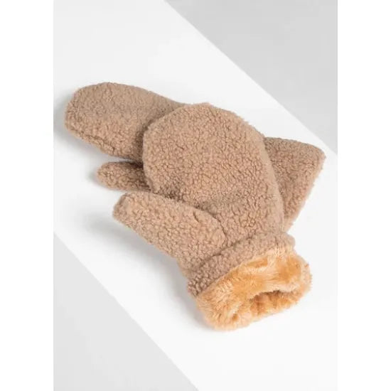 Soft tan shearling style mittens with plush interior for cold weather. 100% polyester winter hand warmth.