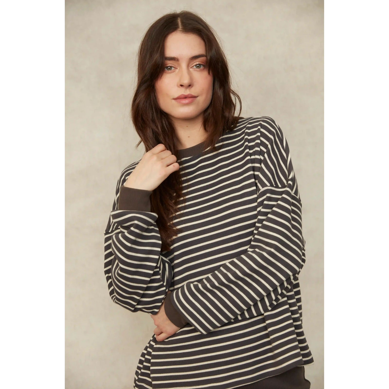 Colbert Striped Waffle Top: relaxed fit long sleeve shirt with classic horizontal stripes and soft thermal-inspired texture.