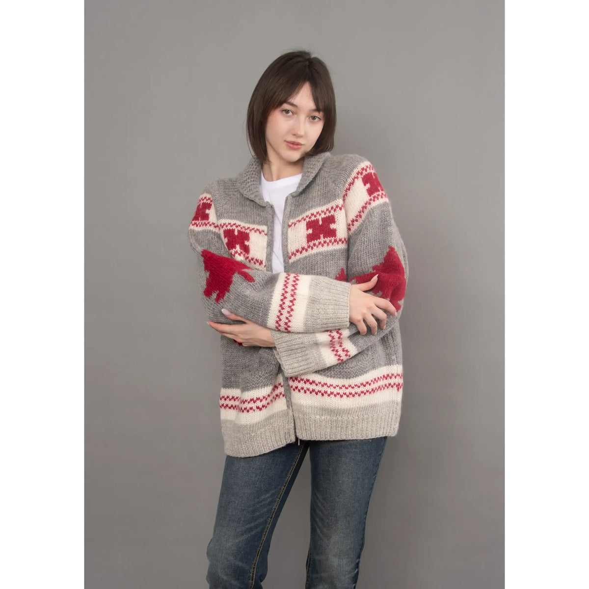 Daria Raglan Shawl Collar Sweater in grey knit with red geometric patterns, featuring cozy shawl neckline and sporty raglan sleeves for sophisticated comfort.