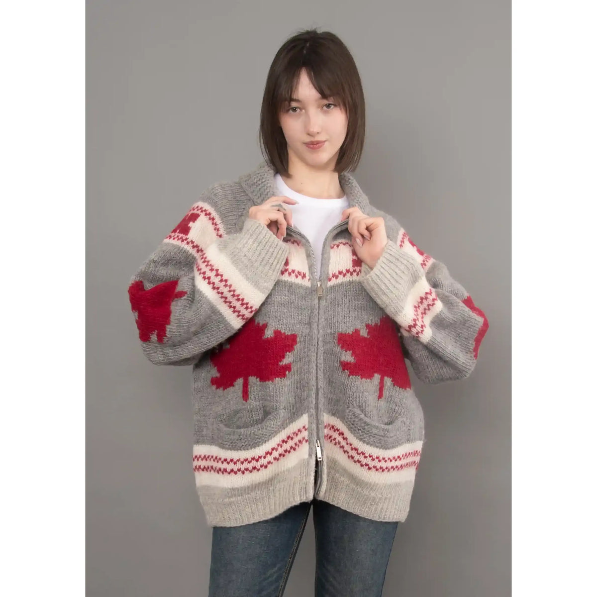 Gray Daria raglan shawl collar sweater with red maple leaf intarsia pattern, zip front, and cozy knit texture.