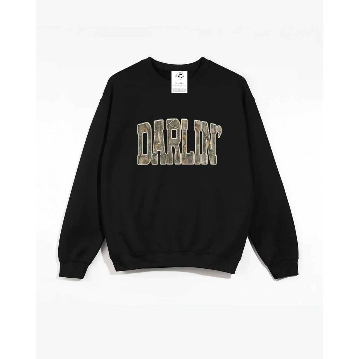 Darlin' Cozy Crew pullover sweatshirt with camouflage print lettering