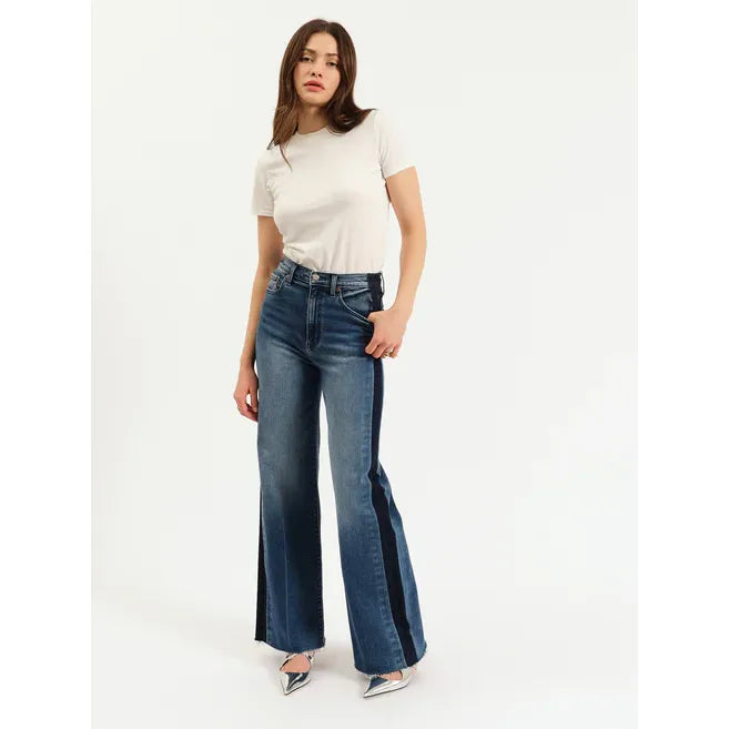 Daze Far Out high-rise wide-leg denim with black tuxedo stripes down the sides.