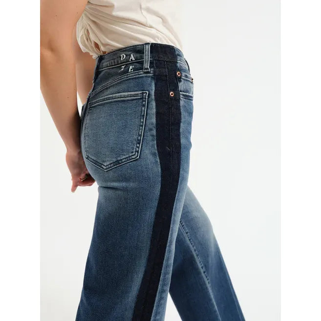 Daze Far Out high-rise wide-leg denim with black tuxedo stripe down each leg.