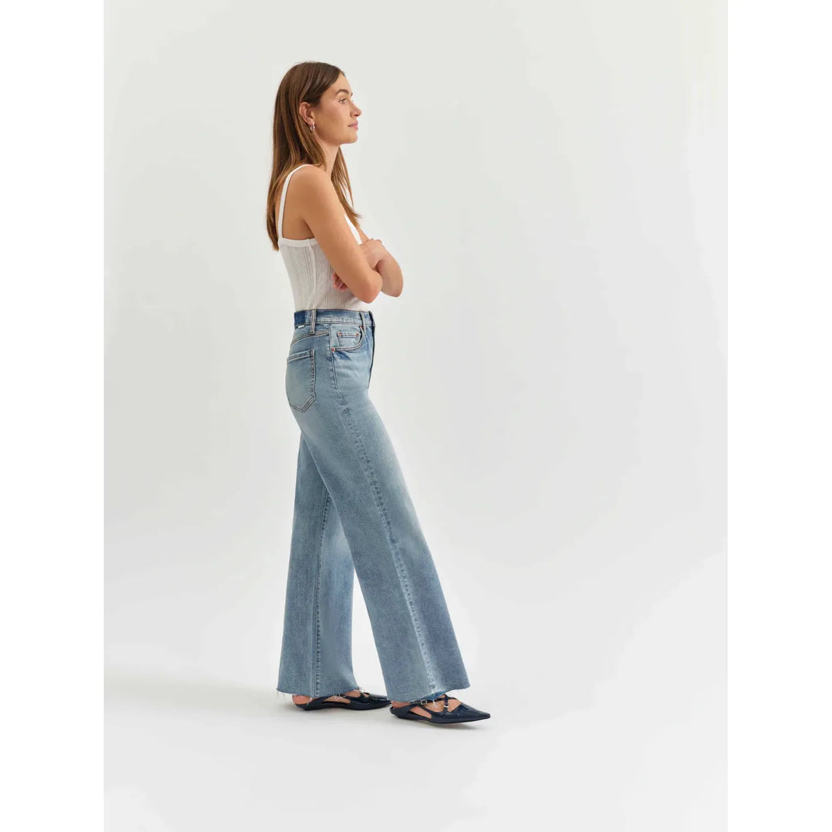 Daze Far Out High Rise Wide Leg in Fools Gold showcases modern style with vintage vibes and scissor-cut hems.