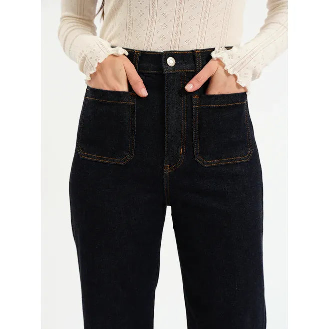 Daze Far Out High Rise Wide Leg Jeans in Rinse with dark stretch denim, large front pockets, contrast stitching.