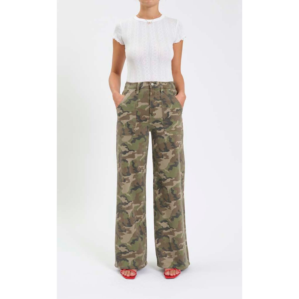 Daze Far Out High Rise Wide Leg in Hideaway camouflage pants worn with a white top.