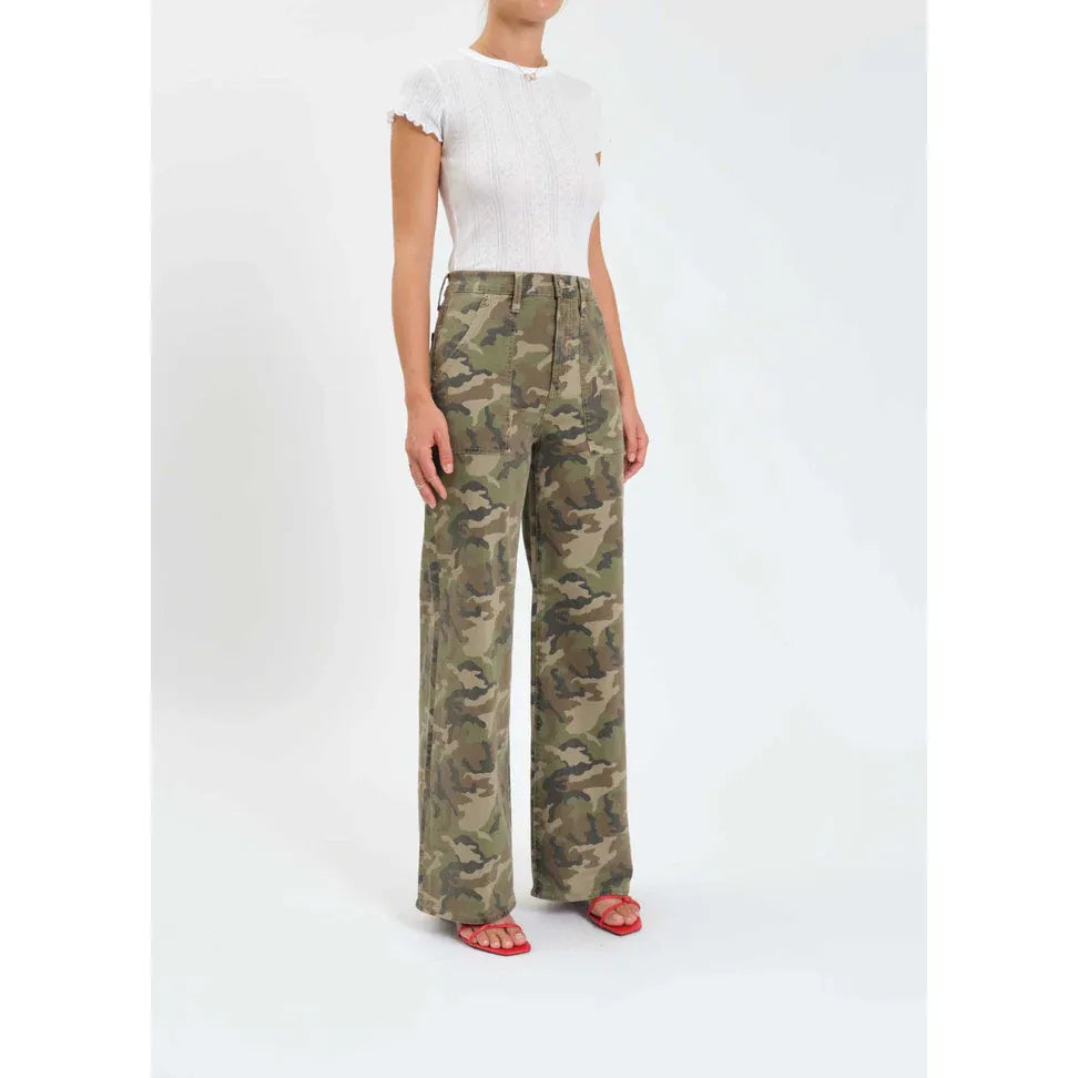 Daze Far Out high-rise wide-leg pants in Hideaway camouflage with pre-rolled cuffs, paired with a white top.